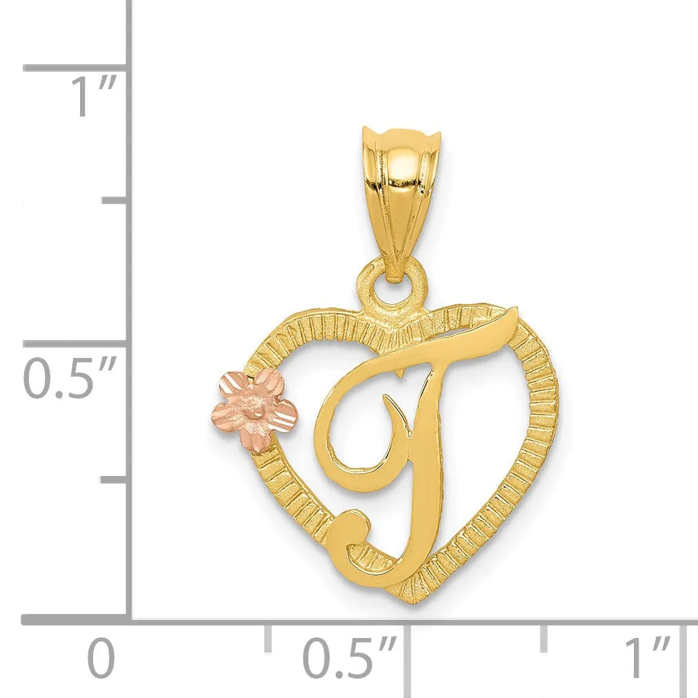 14k Two Tone Gold Heart Flower Design Script Letter T Initial Charm Pendant