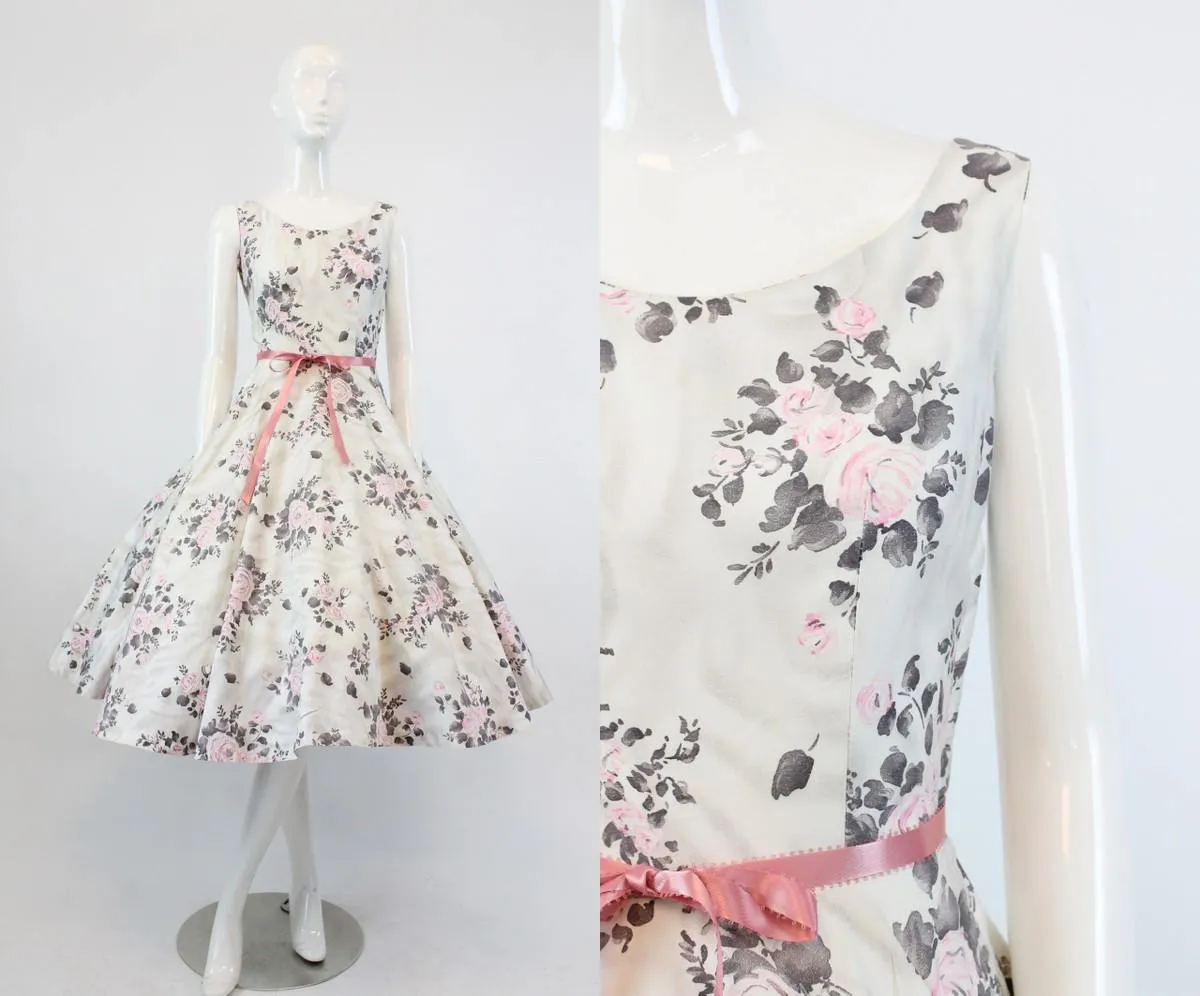 1950s ROSE print cotton dress xs | new spring