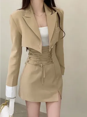 2 Piece Dress Set Women Casual Y2k Crop Tops Elegant Jacket Coats   Mini Skirts Korean Fashion Suits  Autumn Blazers Dress