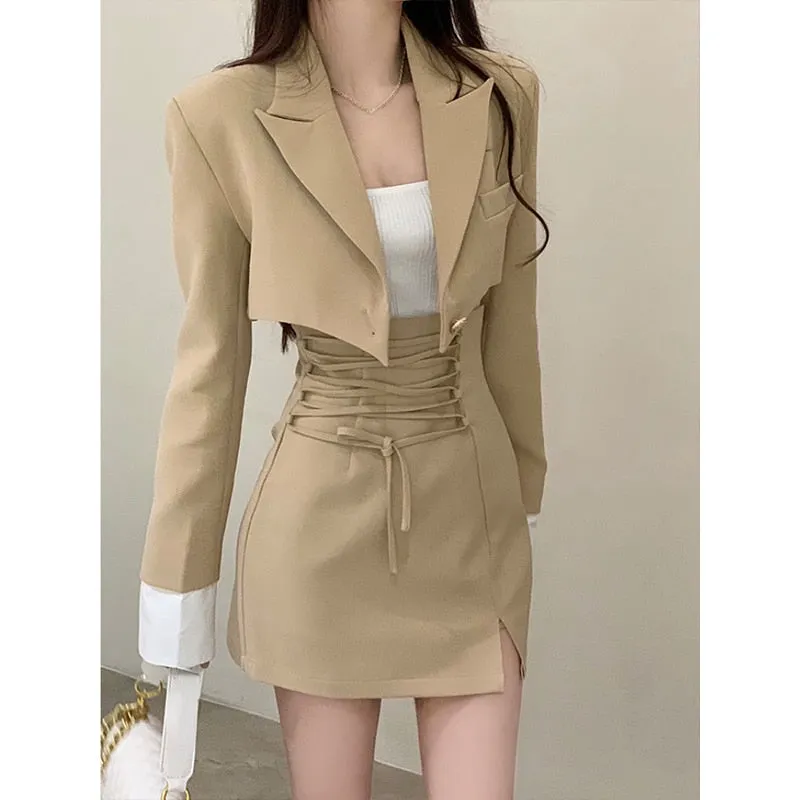 2 Piece Dress Set Women Casual Y2k Crop Tops Elegant Jacket Coats   Mini Skirts Korean Fashion Suits  Autumn Blazers Dress