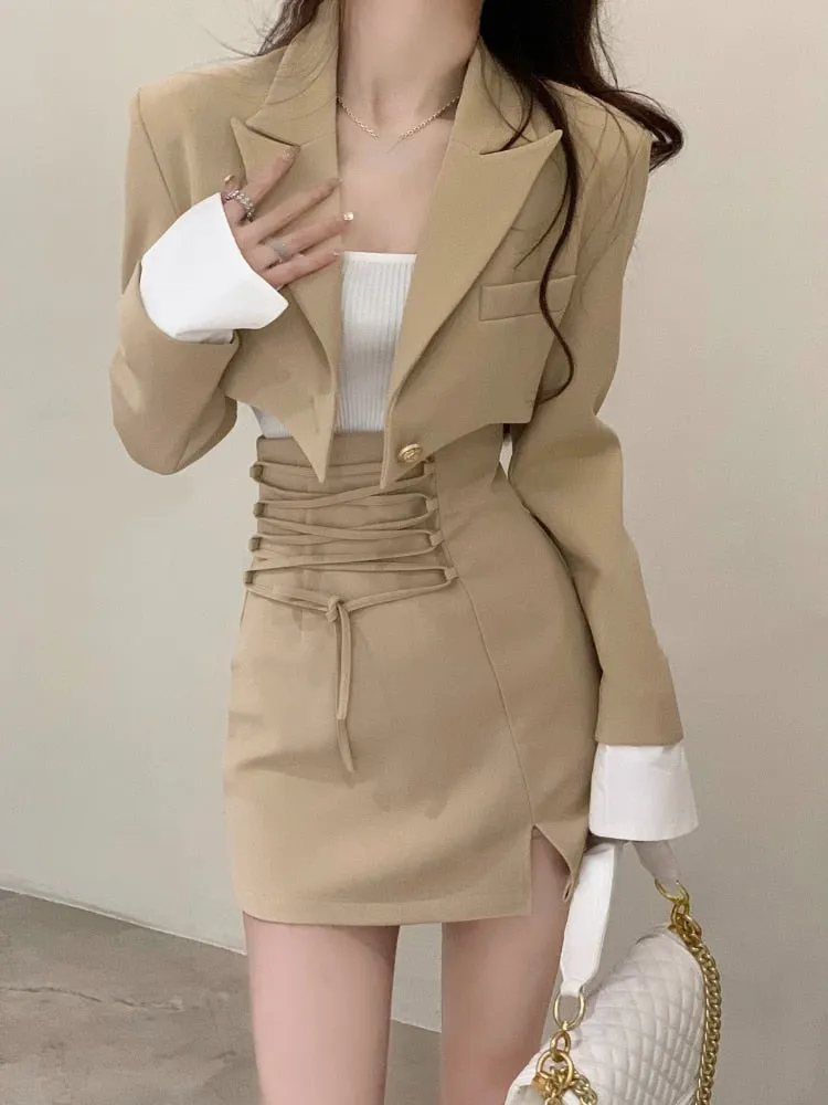2 Piece Dress Set Women Casual Y2k Crop Tops Elegant Jacket Coats   Mini Skirts Korean Fashion Suits  Autumn Blazers Dress