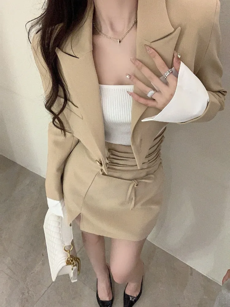 2 Piece Dress Set Women Casual Y2k Crop Tops Elegant Jacket Coats   Mini Skirts Korean Fashion Suits  Autumn Blazers Dress