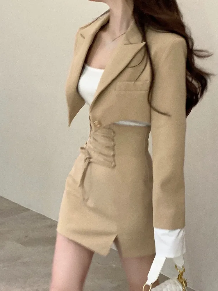 2 Piece Dress Set Women Casual Y2k Crop Tops Elegant Jacket Coats   Mini Skirts Korean Fashion Suits  Autumn Blazers Dress