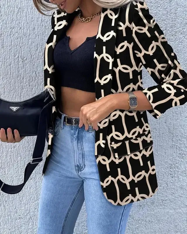 2023 Autumn and Winter Women's New Fashion Commuter Long Sleeve Sexy Printed Suit Casual Comfortable Versatile Coat