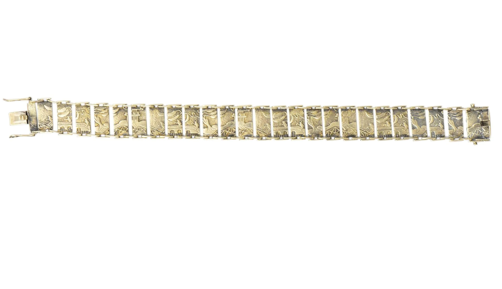Art Nouveau 9 Karat Gold Asian Scenic Panel Link Bracelet