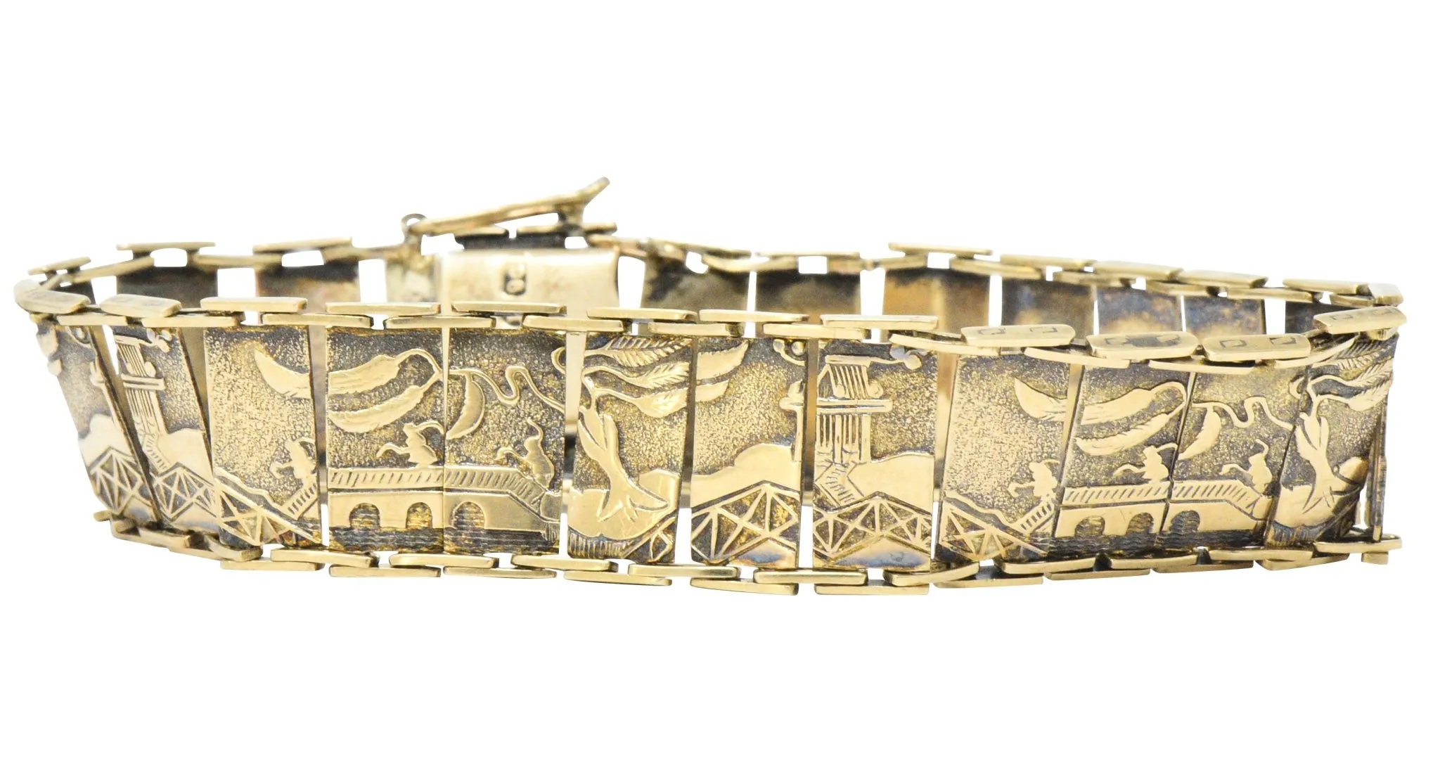 Art Nouveau 9 Karat Gold Asian Scenic Panel Link Bracelet