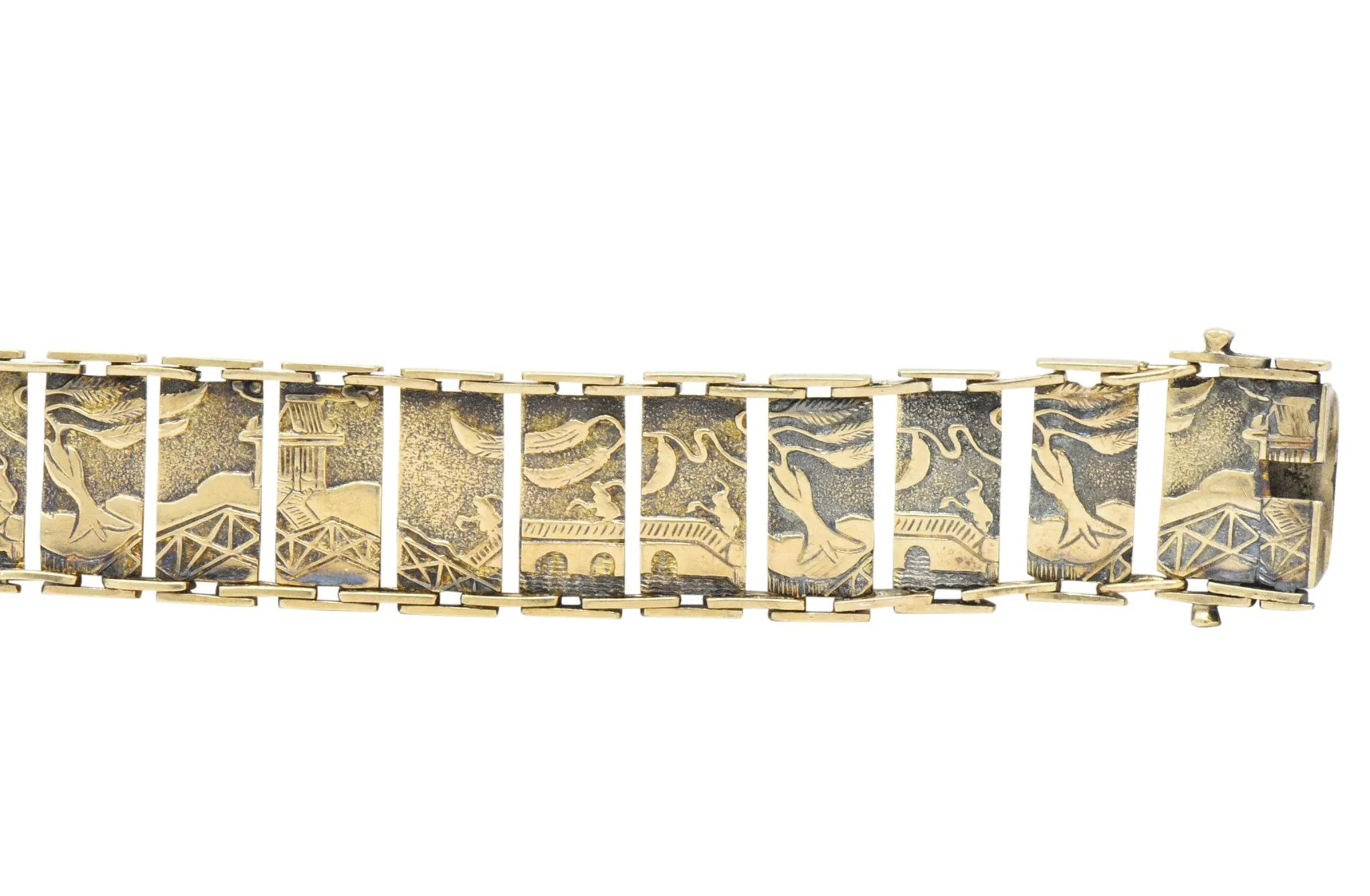 Art Nouveau 9 Karat Gold Asian Scenic Panel Link Bracelet