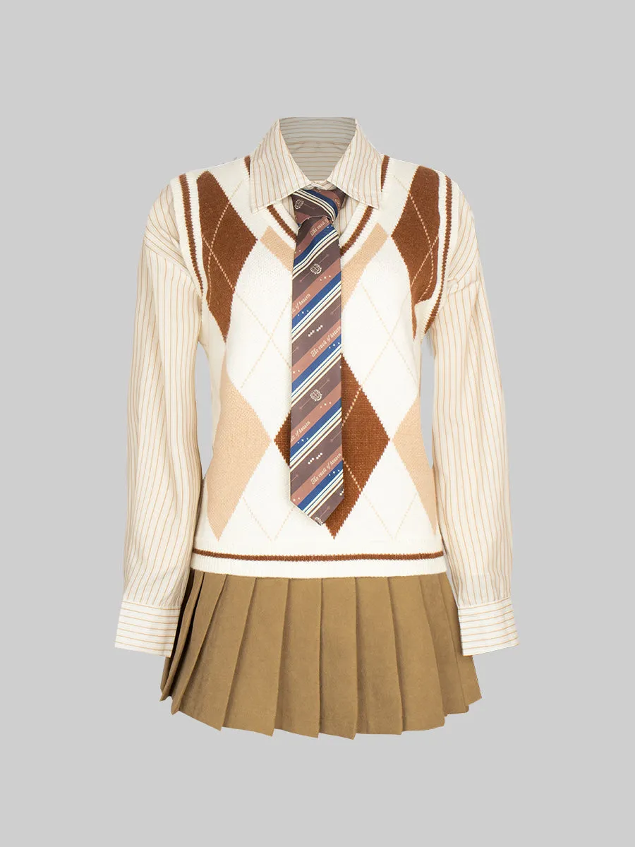 Badge Blazer & Shirt & & Vest & Skirt & Tie Five Piece Set