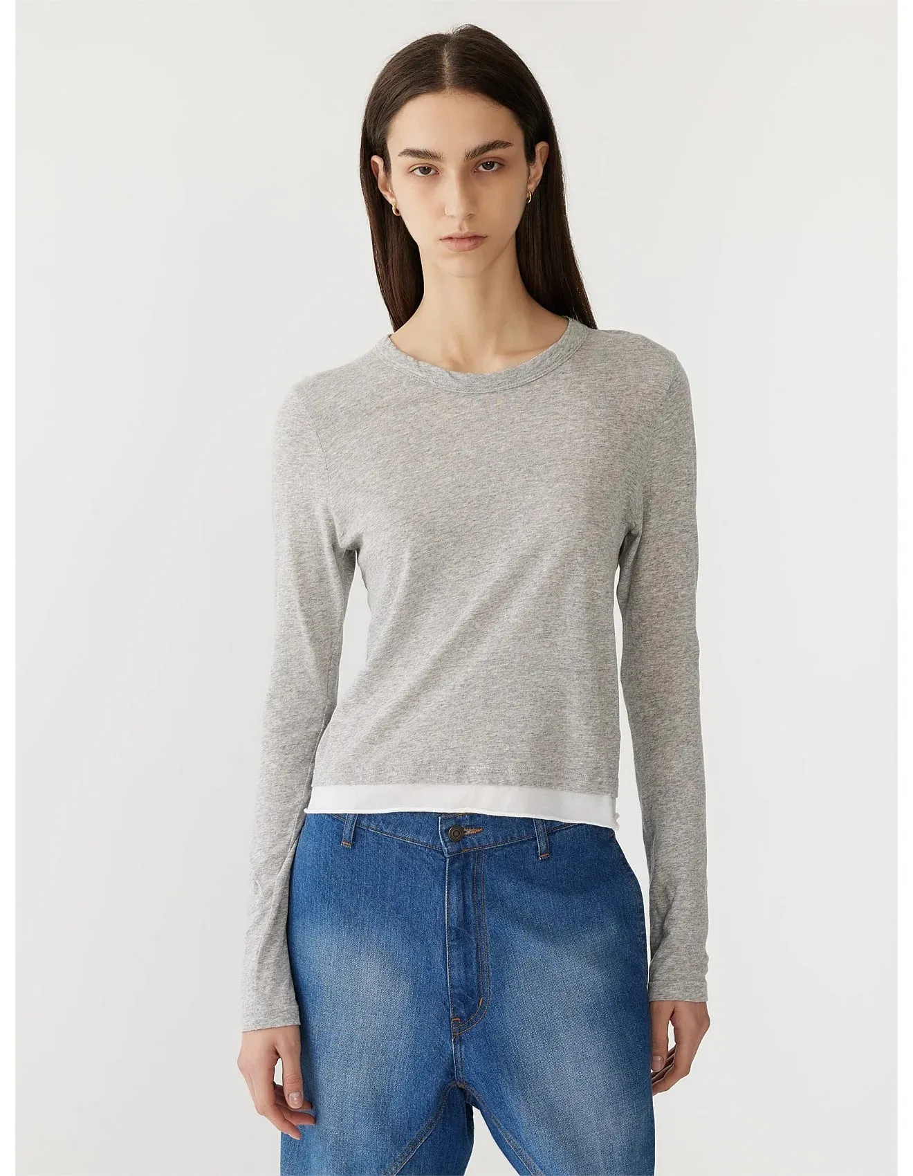 Bassike Layered Long Sleeve Baby T-Shirt in Grey Marl & White