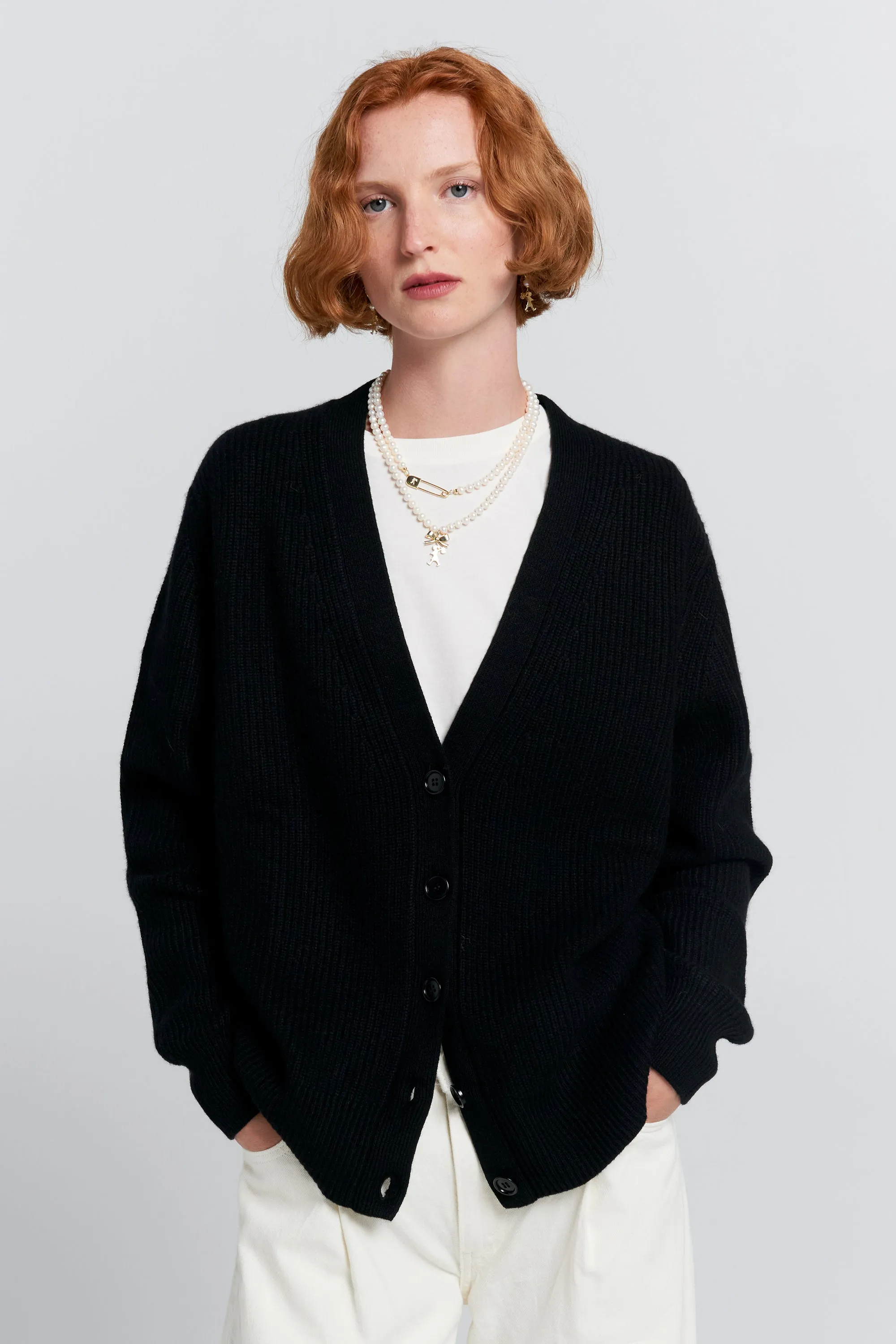 Bessie Cashmere Cardigan Black with Cream Stripe