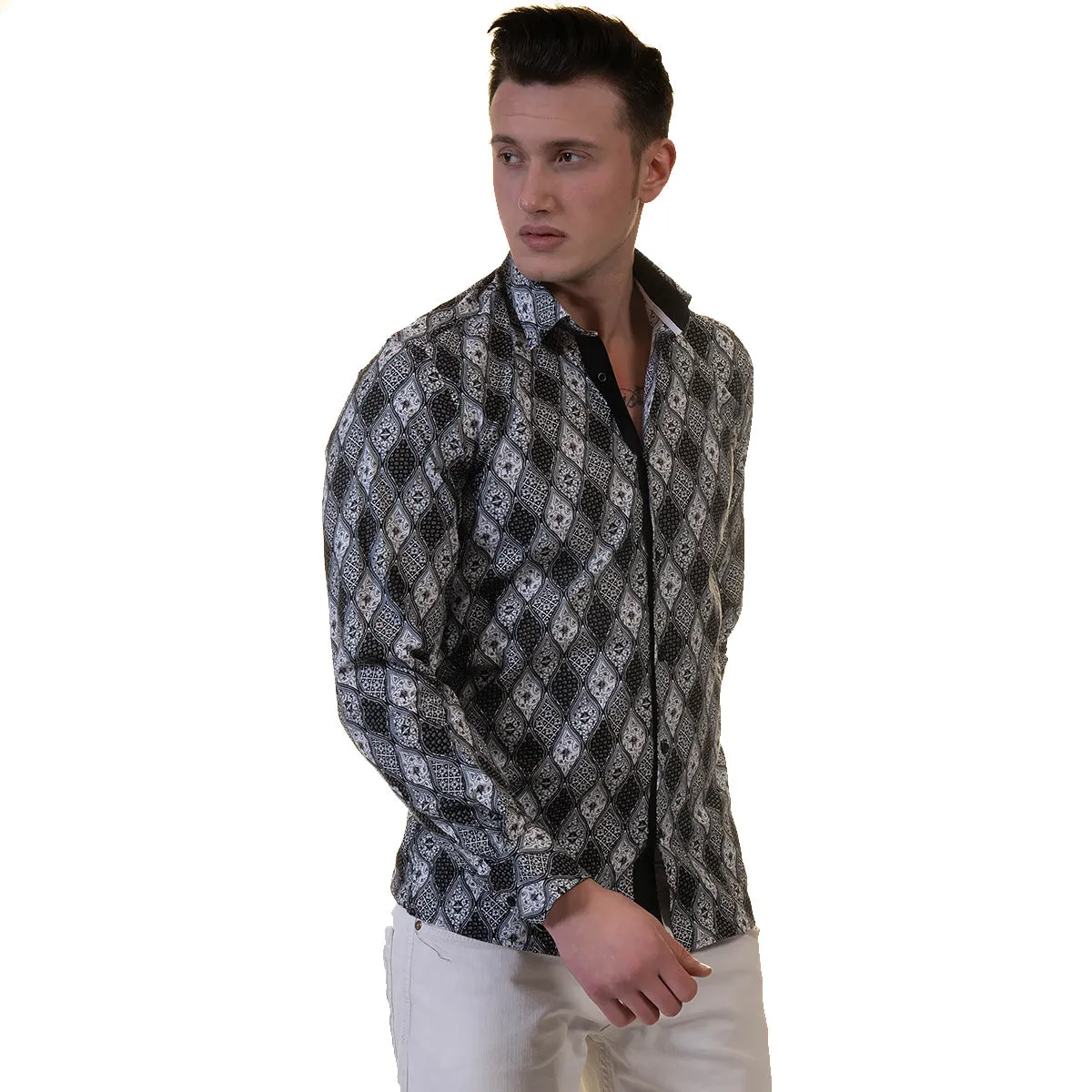 Black and White Mens Slim Fit Designer Dress Shirt - tailored Cotton
