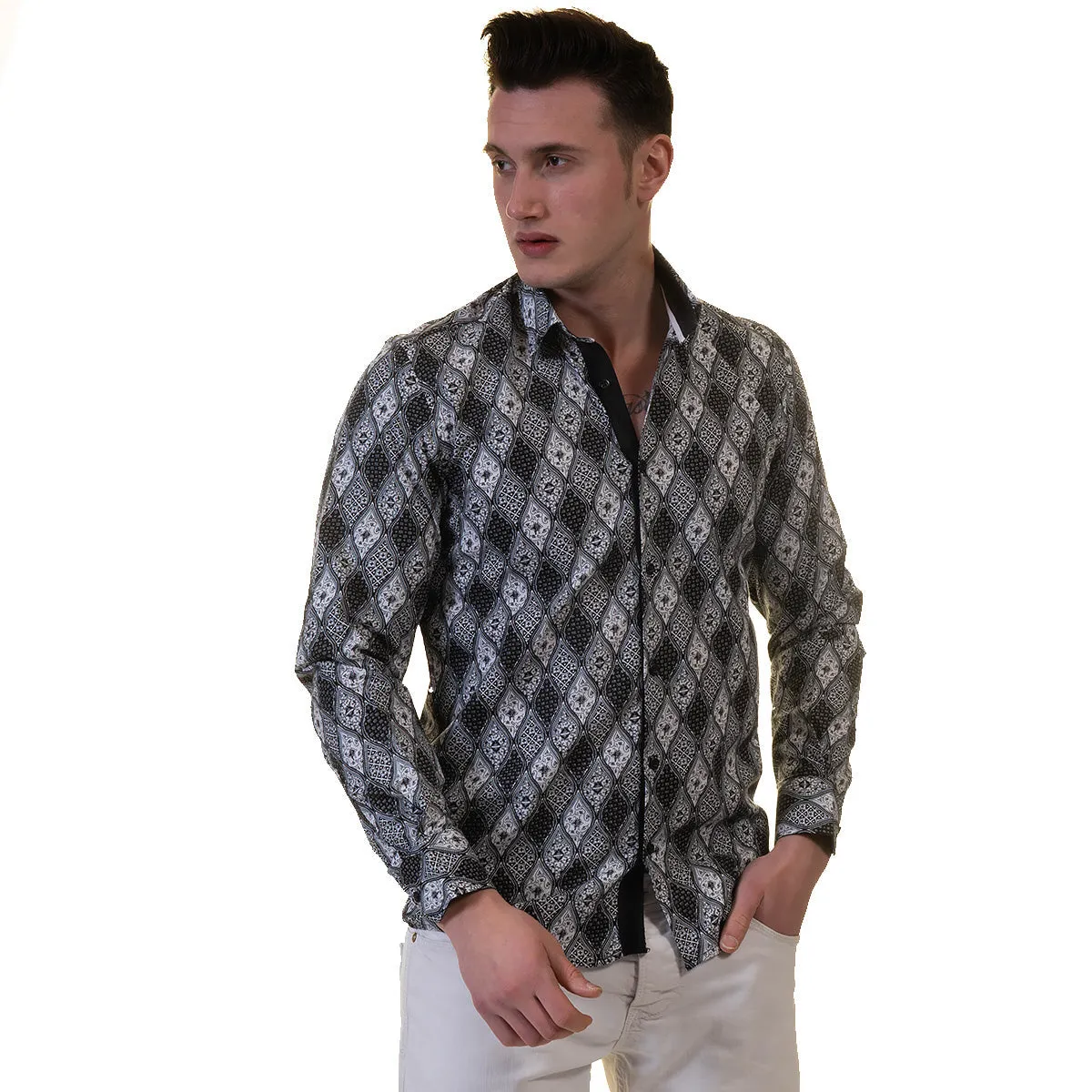 Black and White Mens Slim Fit Designer Dress Shirt - tailored Cotton