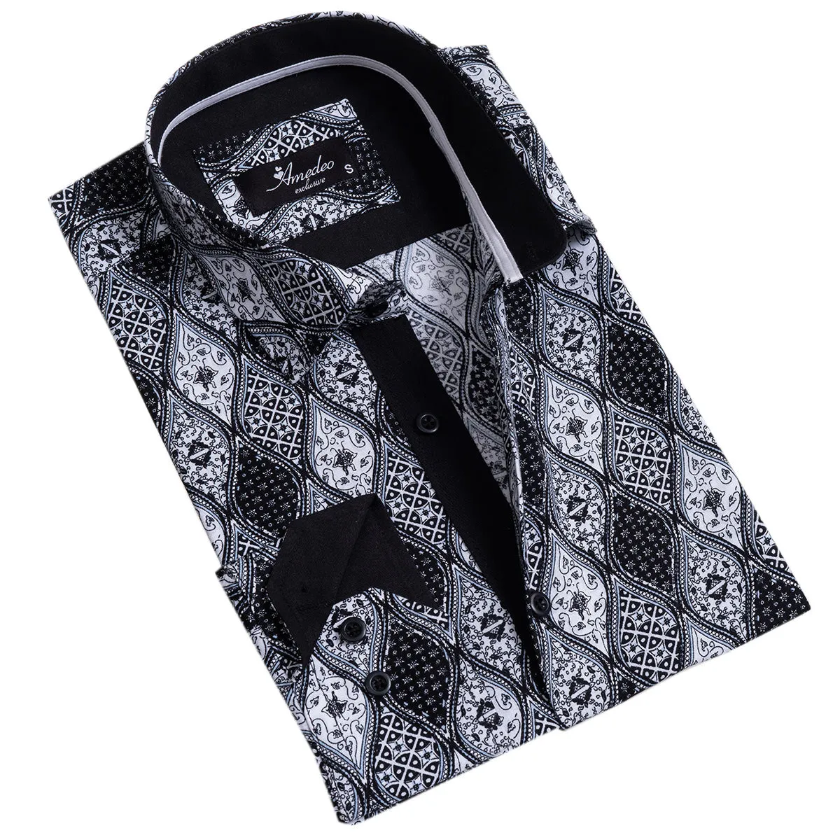 Black and White Mens Slim Fit Designer Dress Shirt - tailored Cotton