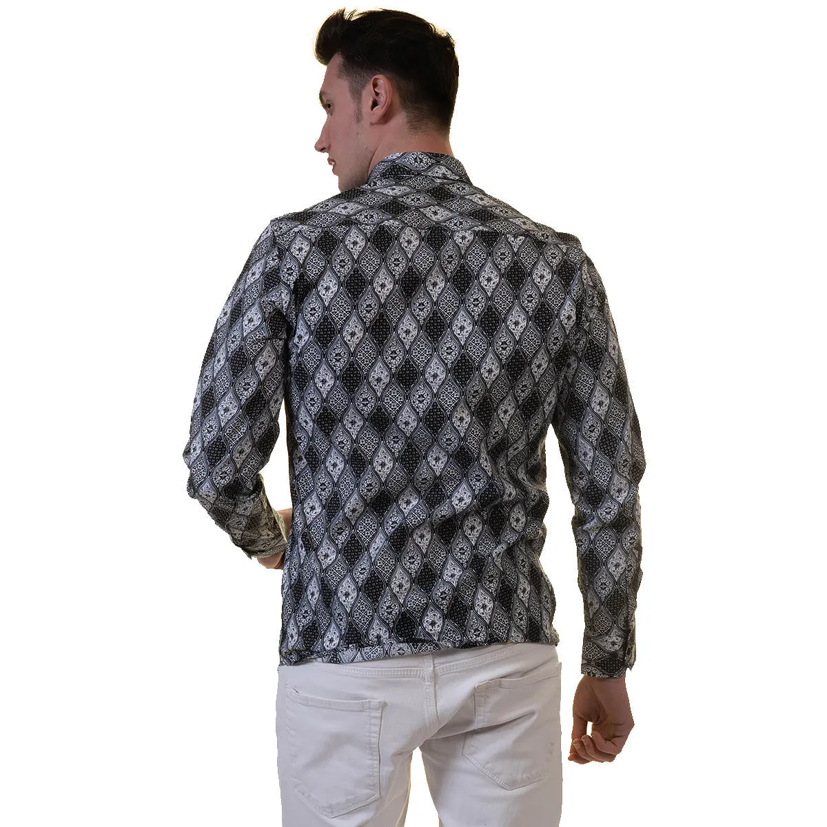 Black and White Mens Slim Fit Designer Dress Shirt - tailored Cotton