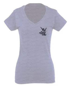 Black Good Vibe Bones Hand Shaka Cool Vintage Hipster Graphic For Women V neck fitted T Shirt