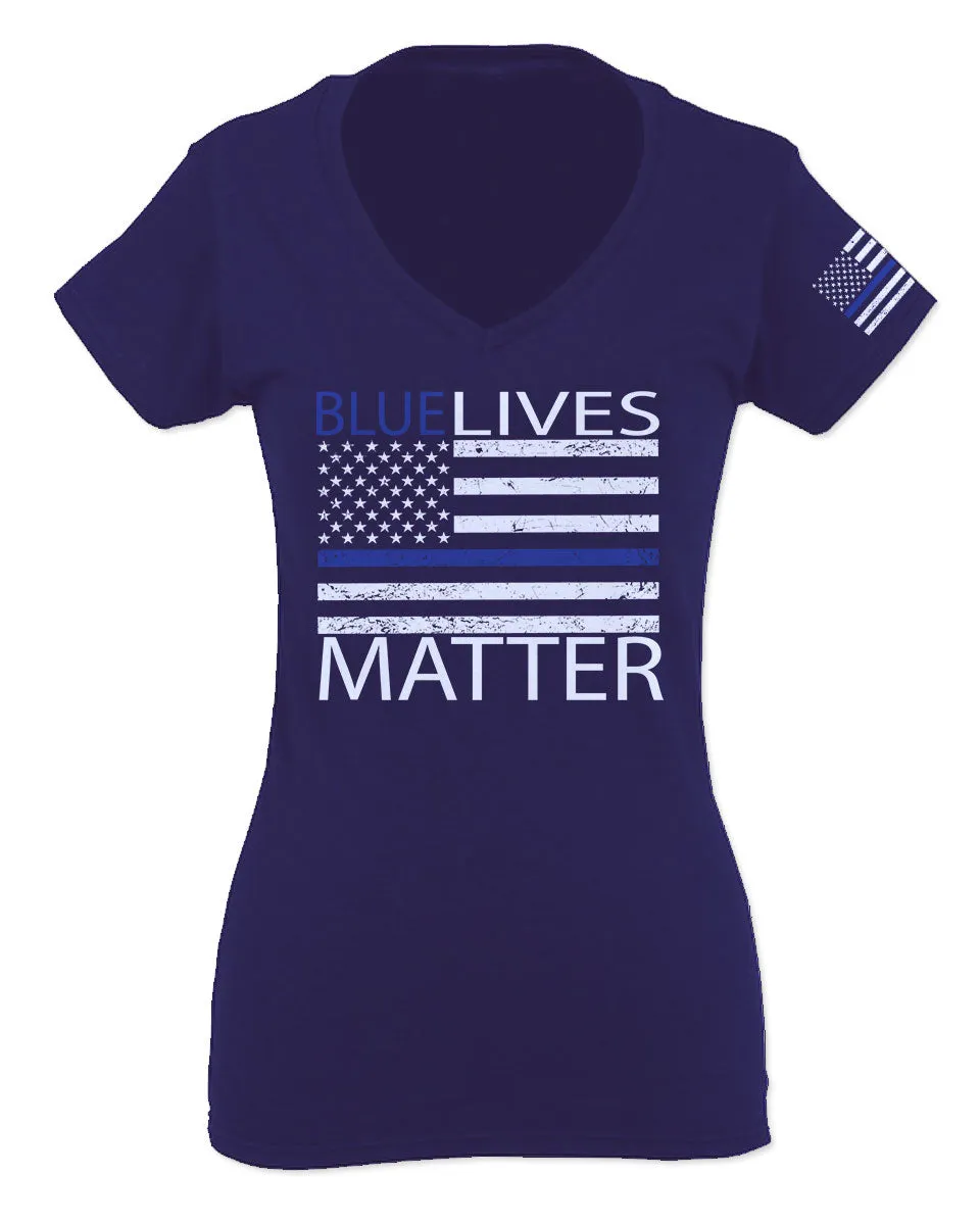 Blue Lives Matter American Flag Thin Blue Line USA Police Support For Women V neck fitted T Shirt