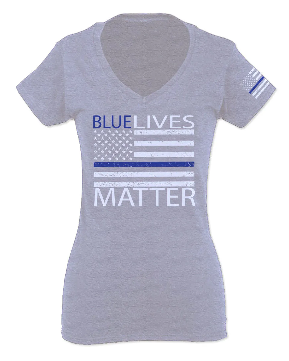 Blue Lives Matter American Flag Thin Blue Line USA Police Support For Women V neck fitted T Shirt