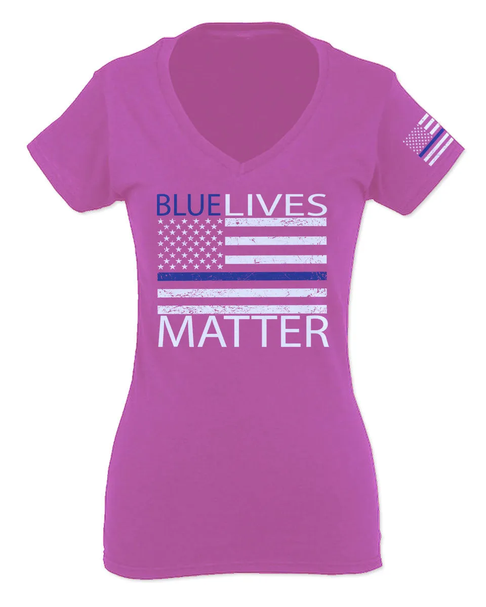 Blue Lives Matter American Flag Thin Blue Line USA Police Support For Women V neck fitted T Shirt