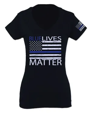 Blue Lives Matter American Flag Thin Blue Line USA Police Support For Women V neck fitted T Shirt