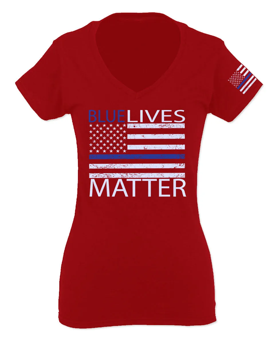 Blue Lives Matter American Flag Thin Blue Line USA Police Support For Women V neck fitted T Shirt