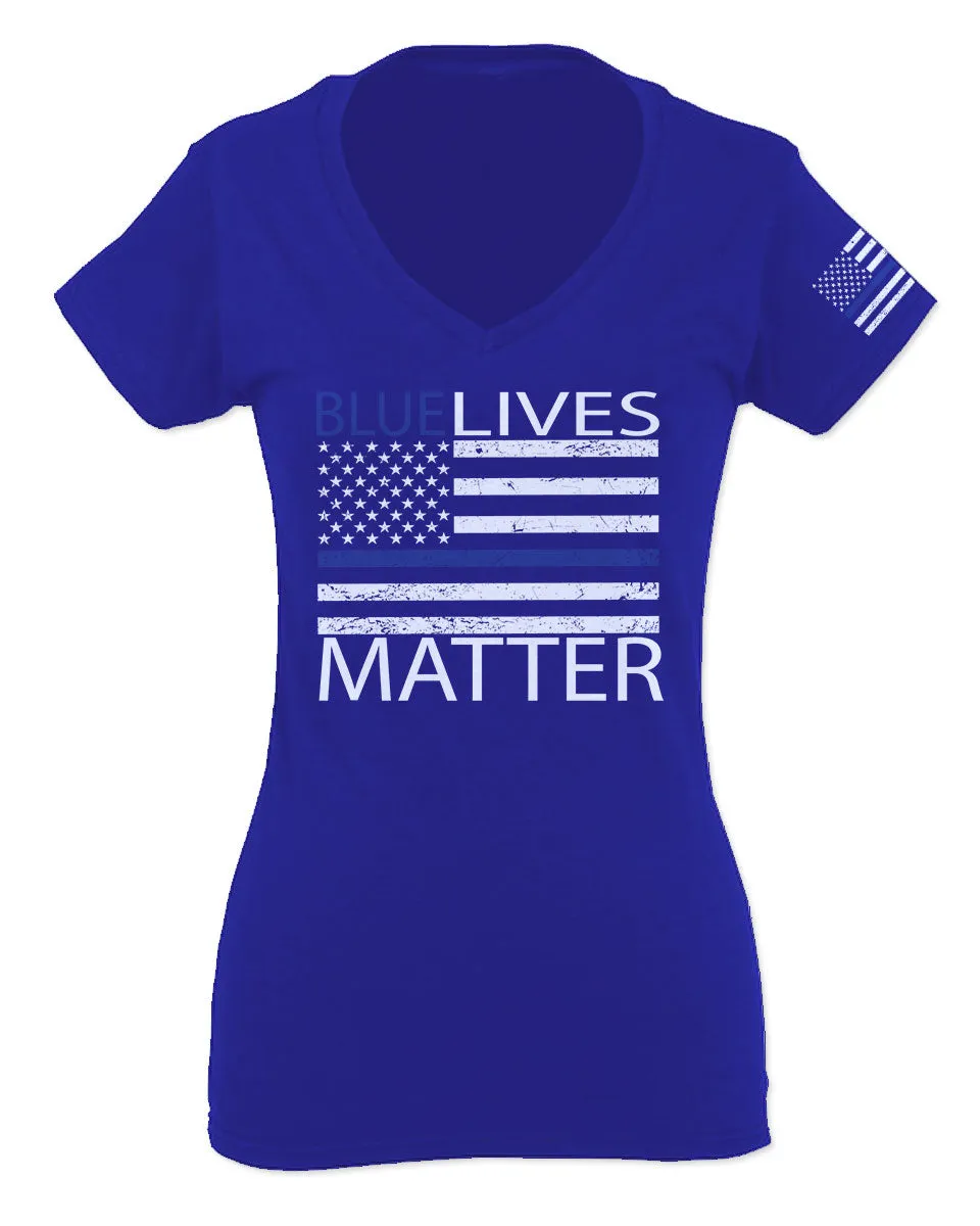 Blue Lives Matter American Flag Thin Blue Line USA Police Support For Women V neck fitted T Shirt