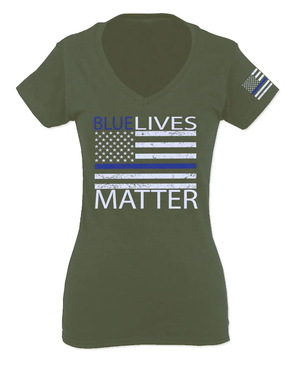 Blue Lives Matter American Flag Thin Blue Line USA Police Support For Women V neck fitted T Shirt