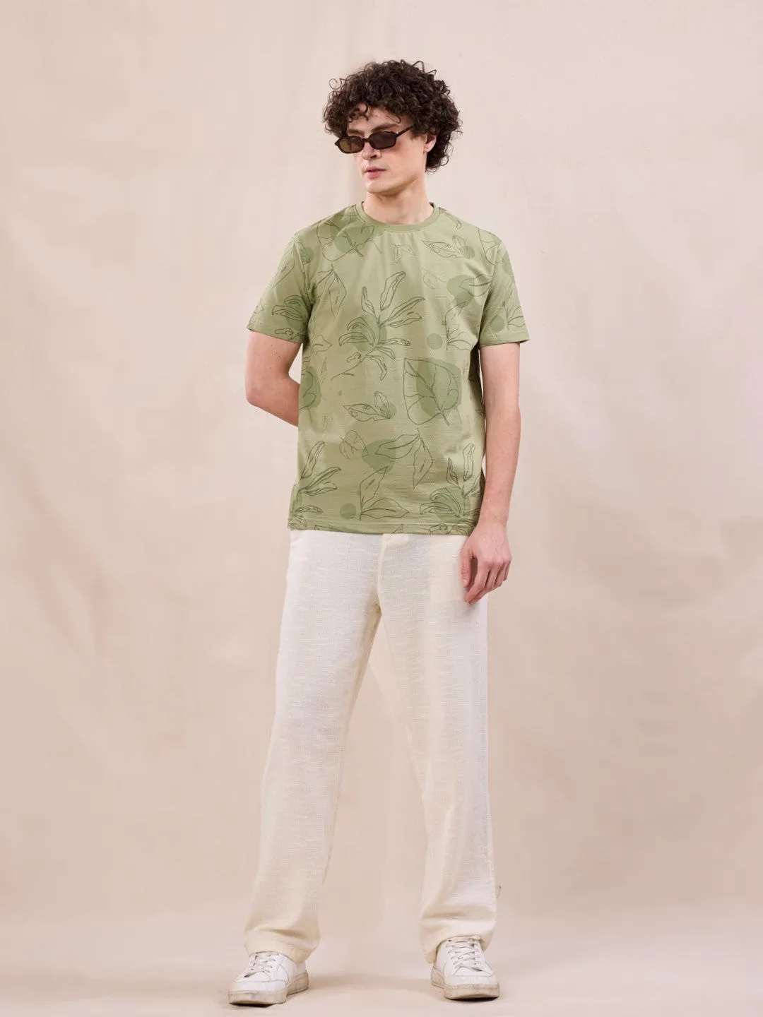 Brown Printed Crew Neck T-Shirt