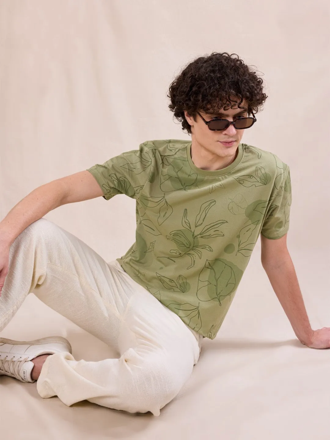 Brown Printed Crew Neck T-Shirt