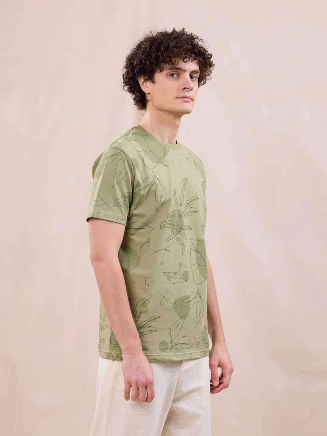 Brown Printed Crew Neck T-Shirt