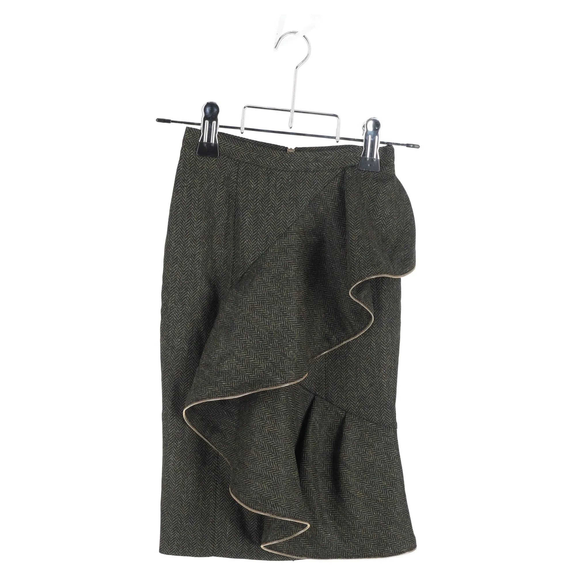 Burberry Prorsum Ruffled Midi Pencil Skirt in Green Wool