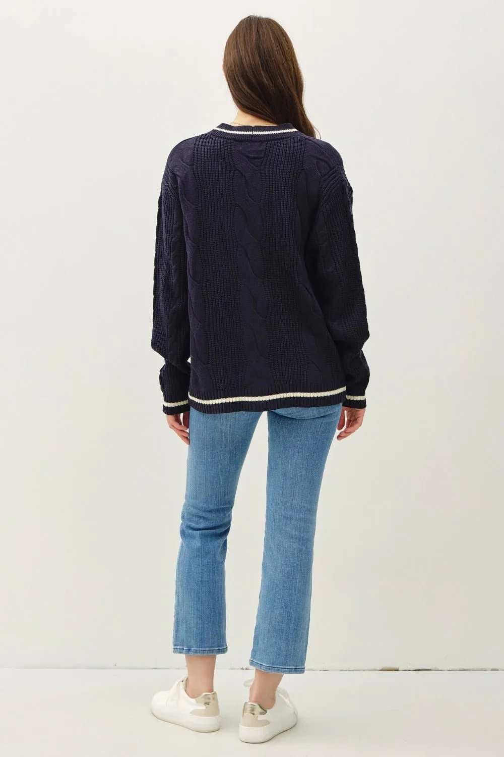 Cable-Knit V-Neck Cardigan - Navy