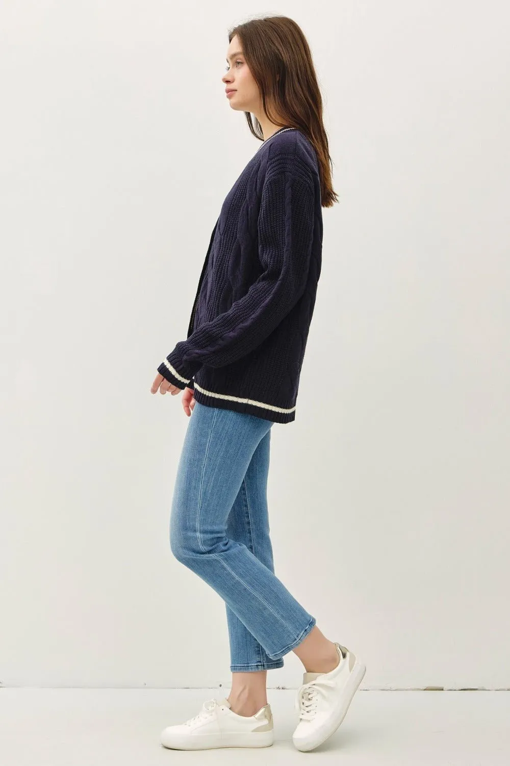 Cable-Knit V-Neck Cardigan - Navy