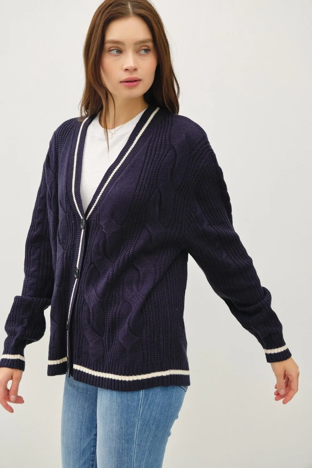 Cable-Knit V-Neck Cardigan - Navy