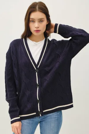 Cable-Knit V-Neck Cardigan - Navy
