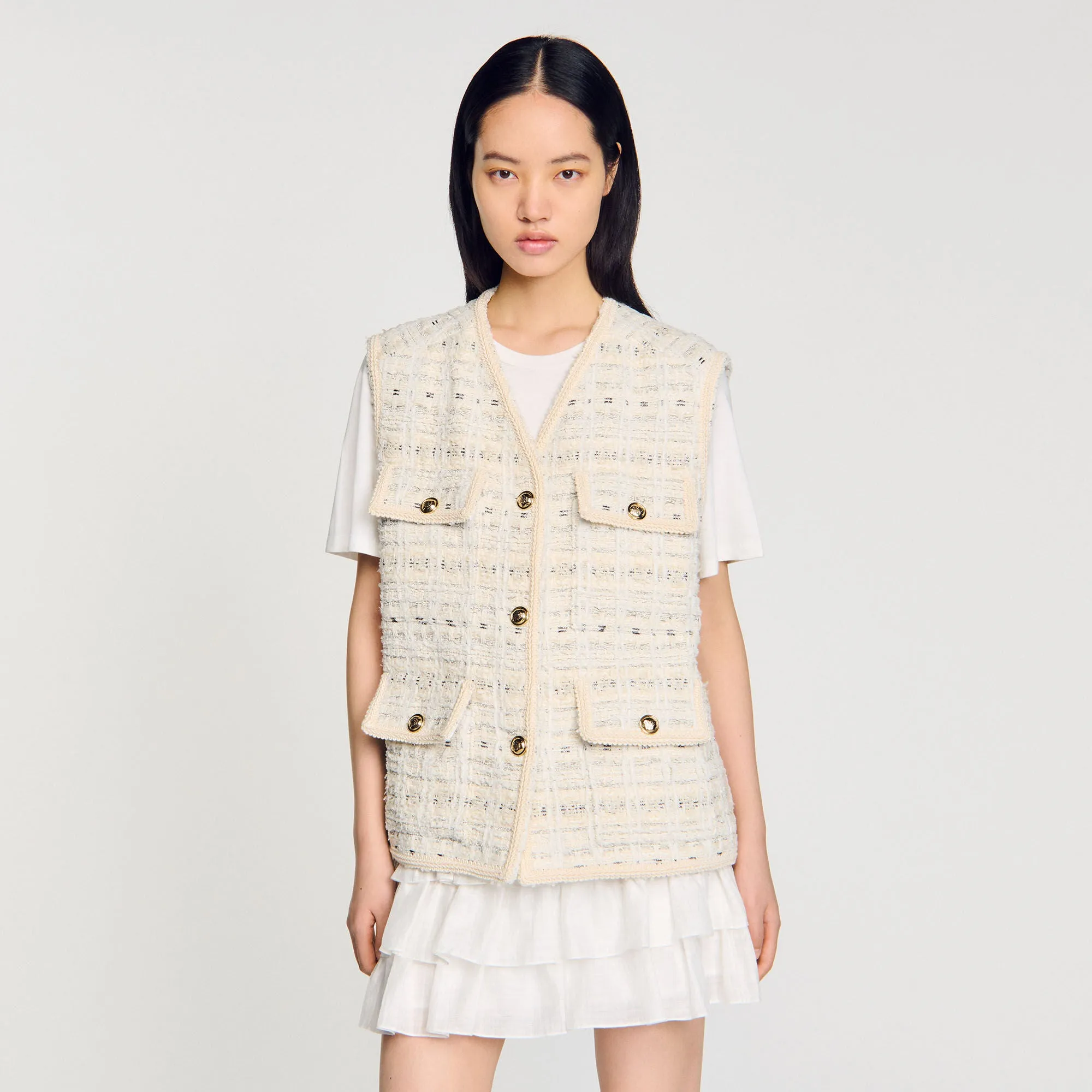Camelia Sleeveless Tweed Jacket Ecru / Lurex