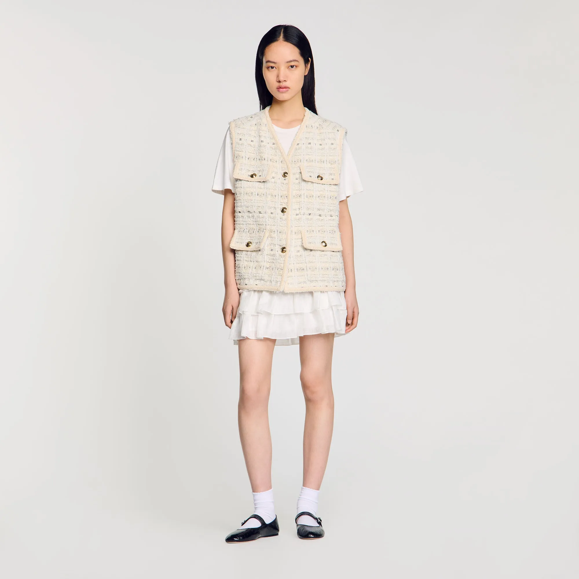 Camelia Sleeveless Tweed Jacket Ecru / Lurex