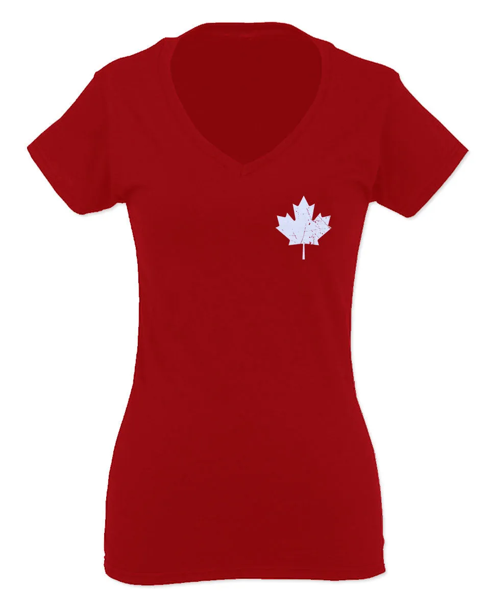 Canadian Maple Leaf Flag Canada Pride Vintage Style For Women V neck fitted T Shirt