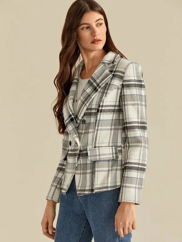 CM-CS007774 Women Elegant European Style Long Sleeve Buttoned Notched Collar Plaid Blazer