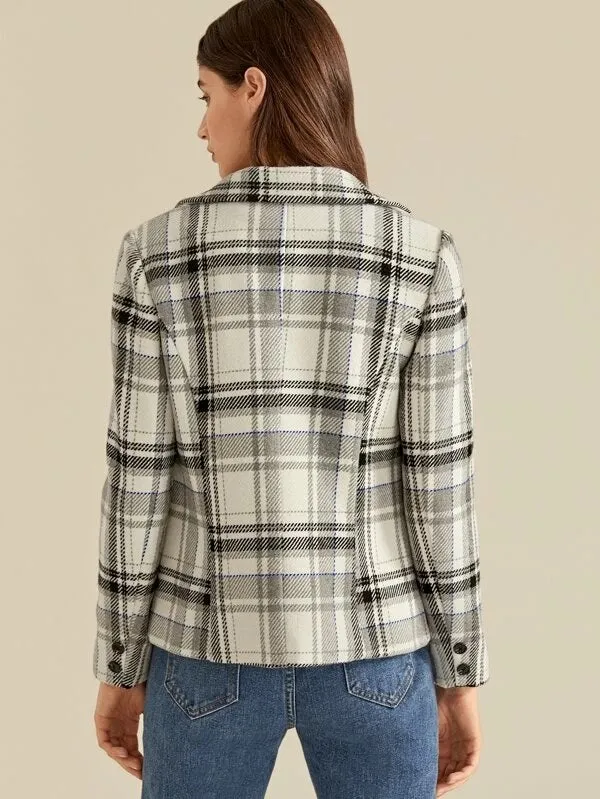 CM-CS007774 Women Elegant European Style Long Sleeve Buttoned Notched Collar Plaid Blazer