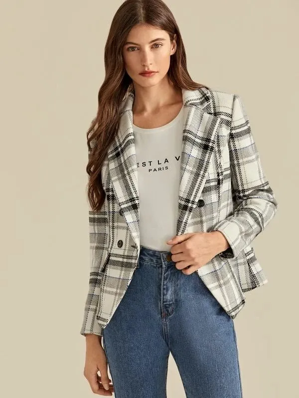 CM-CS007774 Women Elegant European Style Long Sleeve Buttoned Notched Collar Plaid Blazer