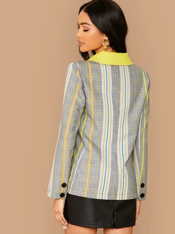CM-CS009480 Women Elegant Seoul Style Long Sleeve Notch Collar Double Breasted Plaid Blazer