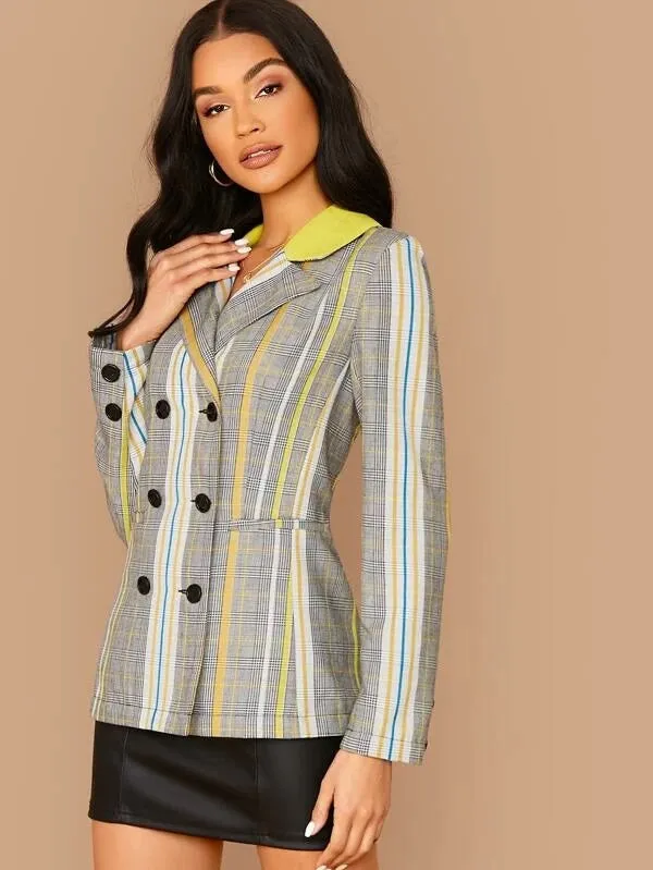 CM-CS009480 Women Elegant Seoul Style Long Sleeve Notch Collar Double Breasted Plaid Blazer