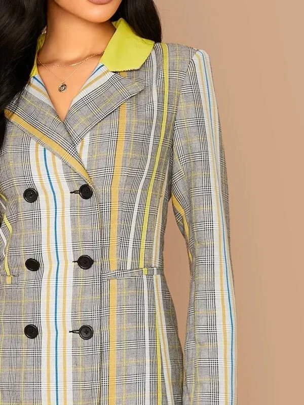 CM-CS009480 Women Elegant Seoul Style Long Sleeve Notch Collar Double Breasted Plaid Blazer