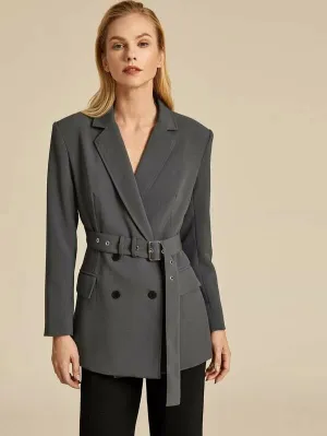 CM-CS029855 Women Elegant European Style Double Button Adjustable Belt Longline Blazer - Gray