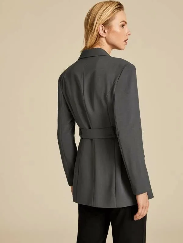 CM-CS029855 Women Elegant European Style Double Button Adjustable Belt Longline Blazer - Gray