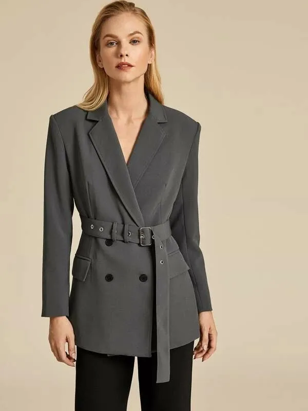 CM-CS029855 Women Elegant European Style Double Button Adjustable Belt Longline Blazer - Gray