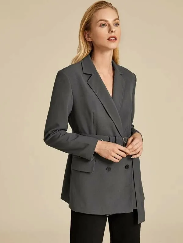 CM-CS029855 Women Elegant European Style Double Button Adjustable Belt Longline Blazer - Gray