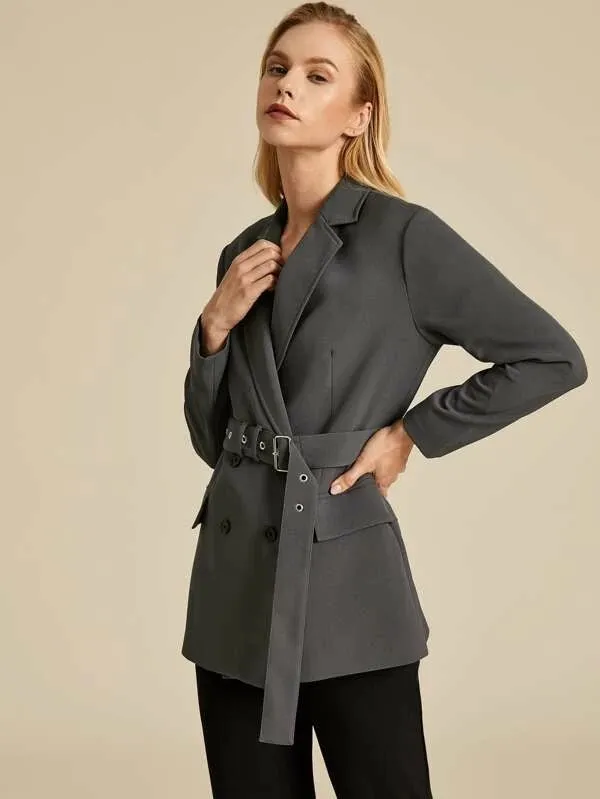 CM-CS029855 Women Elegant European Style Double Button Adjustable Belt Longline Blazer - Gray