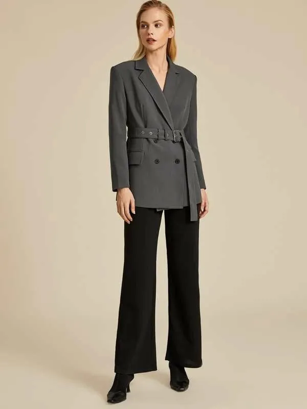 CM-CS029855 Women Elegant European Style Double Button Adjustable Belt Longline Blazer - Gray