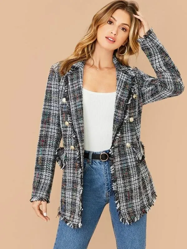 CM-CS031630 Women Elegant European Style Lapel Collar Double Breasted Flap Detail Tweed Blazer